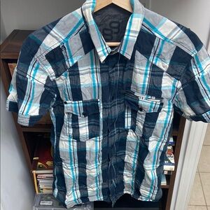 Vintage Jack & Jones Men's Blue Plaid Zipper/Button Short Sleeve Shirt